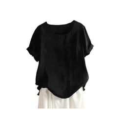 Women Cotton Linen Button Blouse Summer Female O-Neck Short Sleeve Solid Shirt Tops WYLP-M03 - Black, L