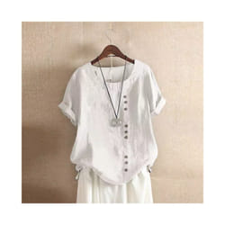 Women Cotton Linen Button Blouse Summer Female O-Neck Short Sleeve Solid Shirt Tops WYLP-M03 - White, 4XL