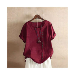 Women Cotton Linen Button Blouse Summer Female O-Neck Short Sleeve Solid Shirt Tops WYLP-M03 - Wine Red, M