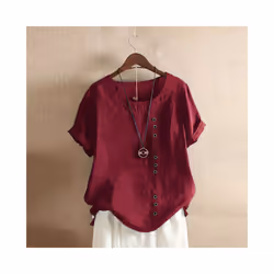 Women Cotton Linen Button Blouse Summer Female O-Neck Short Sleeve Solid Shirt Tops WYLP-M03 - Wine Red, S