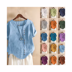 Women Cotton Linen Button Blouse Summer Female O-Neck Short Sleeve Solid Shirt Tops WYLP-M03 - Wine Red, S