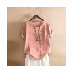 Women Cotton Linen Button Blouse Summer Female O-Neck Short Sleeve Solid Shirt Tops WYLP-M03 - Pink, 3XL