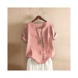 Women Cotton Linen Button Blouse Summer Female O-Neck Short Sleeve Solid Shirt Tops WYLP-M03 - Pink, L