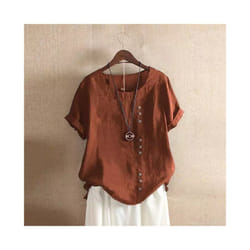 Women Cotton Linen Button Blouse Summer Female O-Neck Short Sleeve Solid Shirt Tops WYLP-M03 - Brown, M