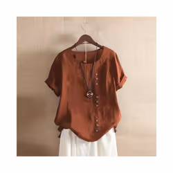 Women Cotton Linen Button Blouse Summer Female O-Neck Short Sleeve Solid Shirt Tops WYLP-M03 - Brown, 4XL