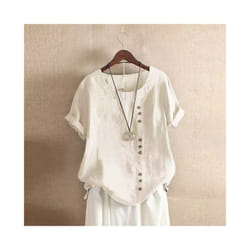 Women Cotton Linen Button Blouse Summer Female O-Neck Short Sleeve Solid Shirt Tops WYLP-M03 - Beige, XL