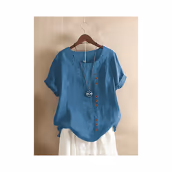 Women Cotton Linen Button Blouse Summer Female O-Neck Short Sleeve Solid Shirt Tops WYLP-M03 - Ink blue, S
