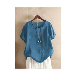 Women Cotton Linen Button Blouse Summer Female O-Neck Short Sleeve Solid Shirt Tops WYLP-M03 - Ink blue, S