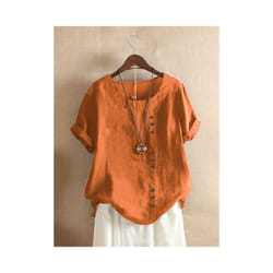 Women Cotton Linen Button Blouse Summer Female O-Neck Short Sleeve Solid Shirt Tops WYLP-M03 - Orange, 3XL