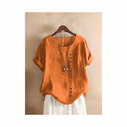 Women Cotton Linen Button Blouse Summer Female O-Neck Short Sleeve Solid Shirt Tops WYLP-M03 - Orange, L