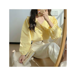 Solid Simple Blouse for Women Korean Chic Trendy Single-Breasted Ruffles Shirt Casual Sweet Big Turndown Collar Student Shirts - yellow, S