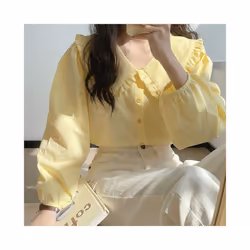 Solid Simple Blouse for Women Korean Chic Trendy Single-Breasted Ruffles Shirt Casual Sweet Big Turndown Collar Student Shirts - lilac, S