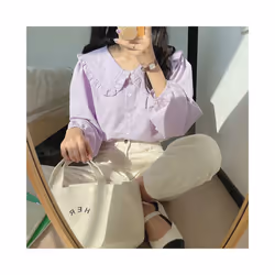Solid Simple Blouse for Women Korean Chic Trendy Single-Breasted Ruffles Shirt Casual Sweet Big Turndown Collar Student Shirt ...