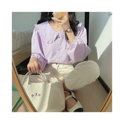 Solid Simple Blouse for Women Korean Chic Trendy Single-Breasted Ruffles Shirt Casual Sweet Big Turndown Collar Student Shirts - lilac, XL