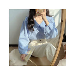 Solid Simple Blouse for Women Korean Chic Trendy Single-Breasted Ruffles Shirt Casual Sweet Big Turndown Collar Student Shirts - blue, S