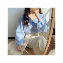 Solid Simple Blouse for Women Korean Chic Trendy Single-Breasted Ruffles Shirt Casual Sweet Big Turndown Collar Student Shirt ...