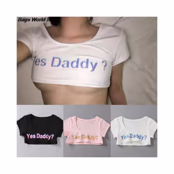 1 PC  Women Sexy Crop Tops Short Sleeve Cropped Shirts Summer Yes Daddy Letter Print T Shirt - Pink, One Size
