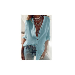 Ladies Spring and Autumn New Cotton Pull-Sleeve Loose V-Neck Long-Sleeved Tops Women's Casual White Shirt Women - Light blue, XXL
