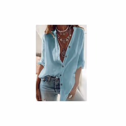 Ladies Spring and Autumn New Cotton Pull-Sleeve Loose V-Neck Long-Sleeved Tops Women's Casual White Shirt Women - Light blue, ...