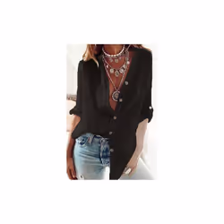 Ladies Spring and Autumn New Cotton Pull-Sleeve Loose V-Neck Long-Sleeved Tops Women's Casual White Shirt Women - black, XXXL