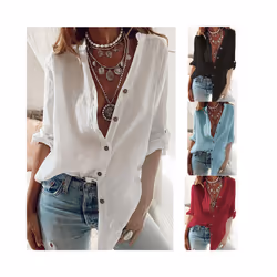 Ladies Spring and Autumn New Cotton Pull-Sleeve Loose V-Neck Long-Sleeved Tops Women's Casual White Shirt Women - black, XXXL