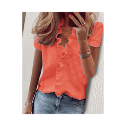 Spring Summer Short Sleeve Womens Tops Shirts Casual Ruffles V-Neck Office Blouses Ladies Camisas De Mujer Elegant Women Shirts - BLL2016 DX Orange, S