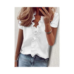 Spring Summer Short Sleeve Womens Tops Shirts Casual Ruffles V-Neck Office Blouses Ladies Camisas De Mujer Elegant Women Shirt - BLL2016 DX White, XXL