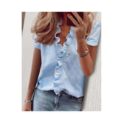 Spring Summer Short Sleeve Womens Tops Shirts Casual Ruffles V-Neck Office Blouses Ladies Camisas De Mujer Elegant Women Shirts - BLL2016 DX Blue, XXL