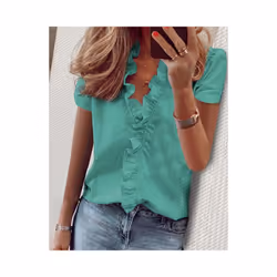 Spring Summer Short Sleeve Womens Tops Shirts Casual Ruffles V-Neck Office Blouses Ladies Camisas De Mujer Elegant Women Shirt - BLL2016 DX Blue, XXXL