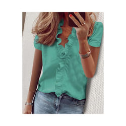 Spring Summer Short Sleeve Womens Tops Shirts Casual Ruffles V-Neck Office Blouses Ladies Camisas De Mujer Elegant Women Shirts - BLL2016 DX Green, L