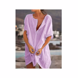 Fashion Retro Women's Comfortable Casual Short Sleeve Shirt Mid-Length Round Neck Solid Color Loose Button Short Sleeve Shirt ...