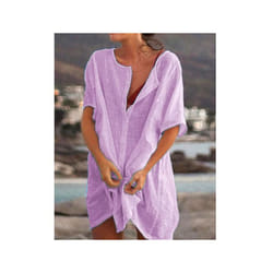 Fashion Retro Women's Comfortable Casual Short Sleeve Shirt Mid-Length Round Neck Solid Color Loose Button Short Sleeve Shirt - PURPLE, XXXL
