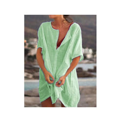 Fashion Retro Women's Comfortable Casual Short Sleeve Shirt Mid-Length Round Neck Solid Color Loose Button Short Sleeve Shirt - green, XXXL