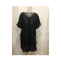 Fashion Retro Women's Comfortable Casual Short Sleeve Shirt Mid-Length Round Neck Solid Color Loose Button Short Sleeve Shirt - Black, XL