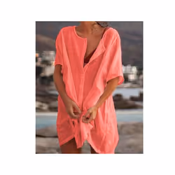 Fashion Retro Women's Comfortable Casual Short Sleeve Shirt Mid-Length Round Neck Solid Color Loose Button Short Sleeve Shirt ...