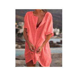 Fashion Retro Women's Comfortable Casual Short Sleeve Shirt Mid-Length Round Neck Solid Color Loose Button Short Sleeve Shirt - Red, XXXL
