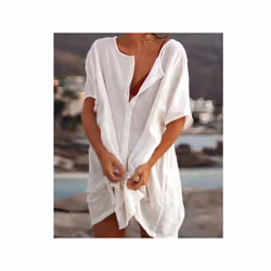 Fashion Retro Women's Comfortable Casual Short Sleeve Shirt Mid-Length Round Neck Solid Color Loose Button Short Sleeve Shirt - Blue, XL