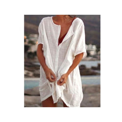 Fashion Retro Women's Comfortable Casual Short Sleeve Shirt Mid-Length Round Neck Solid Color Loose Button Short Sleeve Shirt - WHITE, L