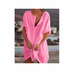 Fashion Retro Women's Comfortable Casual Short Sleeve Shirt Mid-Length Round Neck Solid Color Loose Button Short Sleeve Shirt ...
