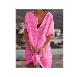 Fashion Retro Women's Comfortable Casual Short Sleeve Shirt Mid-Length Round Neck Solid Color Loose Button Short Sleeve Shirt - Pink, M