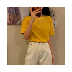 New Korean Style Loose Solid Color Short-sleeved T-shirt Half-sleeved Pullover Top - Yellow, L