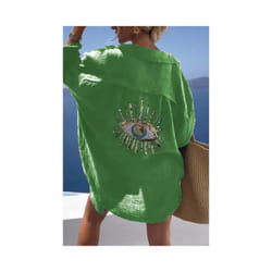 Cotton Long Sleeve Loose Shirts Casual Sequin Shirt Spring Summer Embroider Top Turn-down Collar Button Long Blouse - green, M