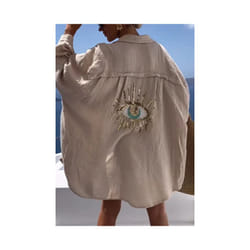 Cotton Long Sleeve Loose Shirts Casual Sequin Shirt Spring Summer Embroider Top Turn-down Collar Button Long Blouse - creamy-white, M
