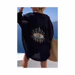 Cotton Long Sleeve Loose Shirts Casual Sequin Shirt Spring Summer Embroider Top Turn-down Collar Button Long Blouse - black,  ...