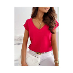 Spring/summer Solid Color Short Sleeved V-neck T-shirt Tops For Women's Clothing Casual Loose Blue Pullover Tshirts Top Femme - red, XXL