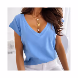 Spring/summer Solid Color Short Sleeved V-neck T-shirt Tops For Women's Clothing Casual Loose Blue Pullover Tshirts Top Femme - red, XXL
