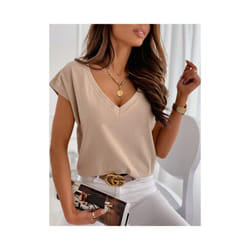 Spring/summer Solid Color Short Sleeved V-neck T-shirt Tops For Women's Clothing Casual Loose Blue Pullover Tshirts Top Femme - khaki, S