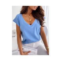 Spring/summer Solid Color Short Sleeved V-neck T-shirt Tops For Women's Clothing Casual Loose Blue Pullover Tshirts Top Femme - blue, XXL
