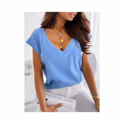 Spring/summer Solid Color Short Sleeved V-neck T-shirt Tops For Women's Clothing Casual Loose Blue Pullover Tshirts Top Femme ...