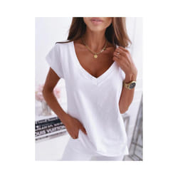 Spring/summer Solid Color Short Sleeved V-neck T-shirt Tops For Women's Clothing Casual Loose Blue Pullover Tshirts Top Femme - white, XXL